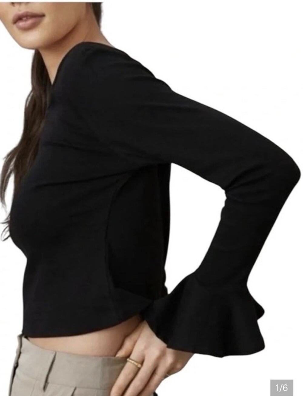 Maeve Anthropologie Black Crop Top Bell Flared Ruffle Sleeve Knit Medium